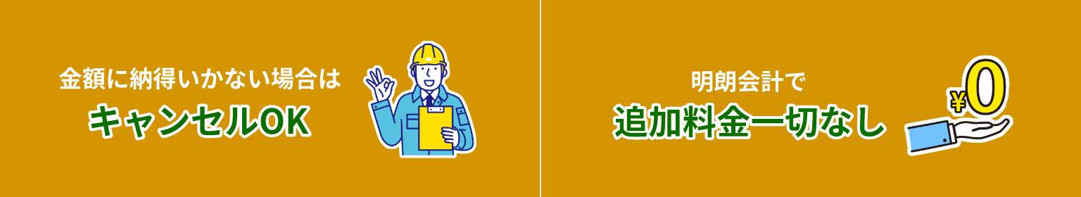 金額に納得いかない場合は、キャンセルＯＫ。明朗会計で、追加料金一切なし